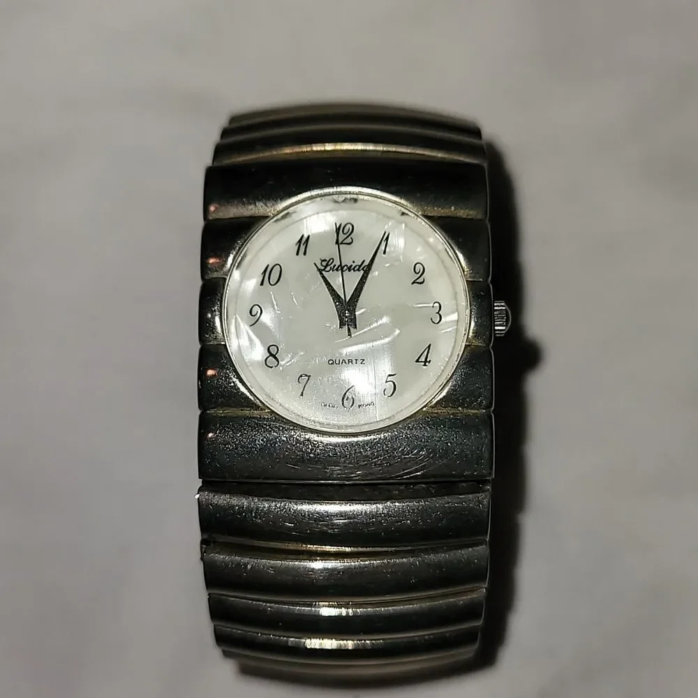 Lucida‎ Industrial Thick Silver Metal Watch Expandable Band White Abalone Face